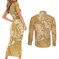 Yellow Polynesia Hammerhead Shark Tattoo With Plumeria Lei Couples Matching Short Sleeve Bodycon Dress and Long Sleeve Button Shirt