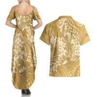 Yellow Polynesia Hammerhead Shark Tattoo With Plumeria Lei Couples Matching Summer Maxi Dress and Hawaiian Shirt