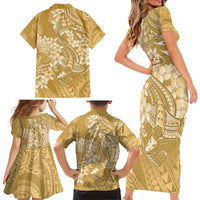 Yellow Polynesia Hammerhead Shark Tattoo With Plumeria Lei Family Matching Short Sleeve Bodycon Dress and Hawaiian Shirt LT14 - Polynesian Pride