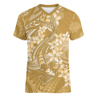 Yellow Polynesia Hammerhead Shark Tattoo With Plumeria Lei Women V-Neck T-Shirt