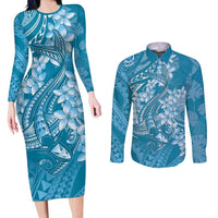 Blue Polynesia Hammerhead Shark Tattoo With Plumeria Lei Couples Matching Long Sleeve Bodycon Dress and Long Sleeve Button Shirt
