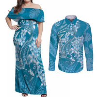 Blue Polynesia Hammerhead Shark Tattoo With Plumeria Lei Couples Matching Off Shoulder Maxi Dress and Long Sleeve Button Shirt