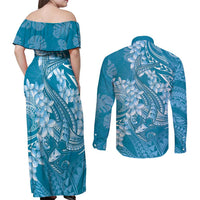 Blue Polynesia Hammerhead Shark Tattoo With Plumeria Lei Couples Matching Off Shoulder Maxi Dress and Long Sleeve Button Shirt