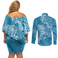 Blue Polynesia Hammerhead Shark Tattoo With Plumeria Lei Couples Matching Off Shoulder Short Dress and Long Sleeve Button Shirt LT14 - Polynesian Pride