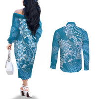 Blue Polynesia Hammerhead Shark Tattoo With Plumeria Lei Couples Matching Off The Shoulder Long Sleeve Dress and Long Sleeve Button Shirt
