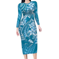 Blue Polynesia Hammerhead Shark Tattoo With Plumeria Lei Family Matching Long Sleeve Bodycon Dress and Hawaiian Shirt LT14 Mom's Dress Blue - Polynesian Pride