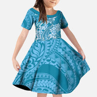 Blue Polynesia Hammerhead Shark Tattoo With Plumeria Lei Family Matching Off The Shoulder Long Sleeve Dress and Hawaiian Shirt LT14 Daughter's Dress Blue - Polynesian Pride