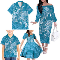 Blue Polynesia Hammerhead Shark Tattoo With Plumeria Lei Family Matching Off The Shoulder Long Sleeve Dress and Hawaiian Shirt LT14 - Polynesian Pride