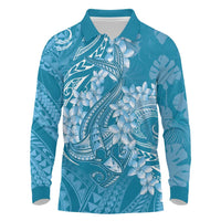 Blue Polynesia Hammerhead Shark Tattoo With Plumeria Lei Long Sleeve Polo Shirt