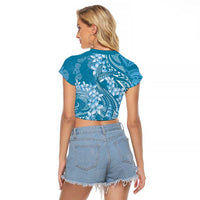 Blue Polynesia Hammerhead Shark Tattoo With Plumeria Lei Raglan Cropped T Shirt