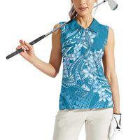Blue Polynesia Hammerhead Shark Tattoo With Plumeria Lei Women Sleeveless Polo Shirt