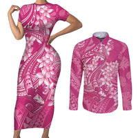 Pink Polynesia Hammerhead Shark Tattoo With Plumeria Lei Couples Matching Short Sleeve Bodycon Dress and Long Sleeve Button Shirt