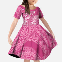 Pink Polynesia Hammerhead Shark Tattoo With Plumeria Lei Family Matching Off The Shoulder Long Sleeve Dress and Hawaiian Shirt LT14 Daughter's Dress Pink - Polynesian Pride