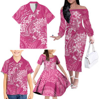 Pink Polynesia Hammerhead Shark Tattoo With Plumeria Lei Family Matching Off The Shoulder Long Sleeve Dress and Hawaiian Shirt LT14 - Polynesian Pride