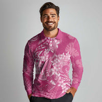 Pink Polynesia Hammerhead Shark Tattoo With Plumeria Lei Long Sleeve Polo Shirt