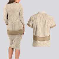 Mauri Ribaberiki Kiribati Couples Matching Long Sleeve Bodycon Dress and Hawaiian Shirt Cowrie Shells Lei Palm Leaf Weaving LT14 - Polynesian Pride