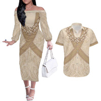 Mauri Ribaberiki Kiribati Couples Matching Off The Shoulder Long Sleeve Dress and Hawaiian Shirt Cowrie Shells Lei Palm Leaf Weaving LT14 Beige - Polynesian Pride