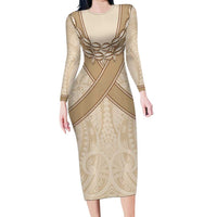Mauri Ribaberiki Kiribati Family Matching Long Sleeve Bodycon Dress and Hawaiian Shirt Cowrie Shells Lei Palm Leaf Weaving LT14 Mom's Dress Beige - Polynesian Pride