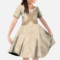 Mauri Ribaberiki Kiribati Family Matching Off The Shoulder Long Sleeve Dress and Hawaiian Shirt Cowrie Shells Lei Palm Leaf Weaving LT14 Daughter's Dress Beige - Polynesian Pride