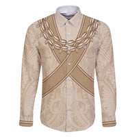 Mauri Ribaberiki Kiribati Family Matching Summer Maxi Dress and Hawaiian Shirt Cowrie Shells Lei Palm Leaf Weaving LT14 Dad's Shirt - Long Sleeve Beige - Polynesian Pride