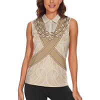Mauri Ribaberiki Kiribati Women Sleeveless Polo Shirt Cowrie Shells Lei Palm Leaf Weaving
