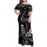 Black Hafa Adai Guam Family Matching Off Shoulder Maxi Dress and Hawaiian Shirt Chamorro Latte Stone Hand With Plumeria