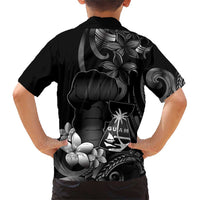 Black Hafa Adai Guam Family Matching Short Sleeve Bodycon Dress and Hawaiian Shirt Chamorro Latte Stone Hand With Plumeria LT14 - Polynesian Pride