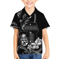 Black Hafa Adai Guam Family Matching Tank Maxi Dress and Hawaiian Shirt Chamorro Latte Stone Hand With Plumeria LT14 Son's Shirt Black - Polynesian Pride
