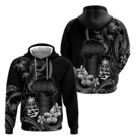 Black Hafa Adai Guam Hoodie Chamorro Latte Stone Hand With Plumeria