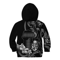 Black Hafa Adai Guam Kid Hoodie Chamorro Latte Stone Hand With Plumeria