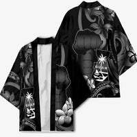 Black Hafa Adai Guam Kimono Chamorro Latte Stone Hand With Plumeria - Polynesian Pride