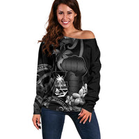 Black Hafa Adai Guam Off Shoulder Sweater Chamorro Latte Stone Hand With Plumeria