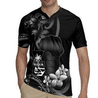 Black Hafa Adai Guam Rugby Jersey Chamorro Latte Stone Hand With Plumeria