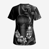 Black Hafa Adai Guam Scrub Top Chamorro Latte Stone Hand With Plumeria - Polynesian Pride