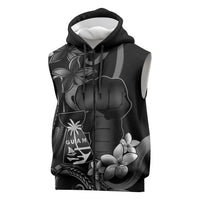 Black Hafa Adai Guam Sleeveless Zip Hoodie Chamorro Latte Stone Hand With Plumeria - Polynesian Pride
