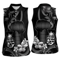 Black Hafa Adai Guam Women Sleeveless Polo Shirt Chamorro Latte Stone Hand With Plumeria