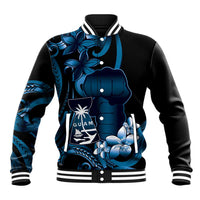 Blue Hafa Adai Guam Baseball Jacket Chamorro Latte Stone Hand With Plumeria