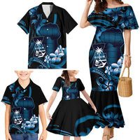 Blue Hafa Adai Guam Family Matching Mermaid Dress and Hawaiian Shirt Chamorro Latte Stone Hand With Plumeria LT14 - Polynesian Pride