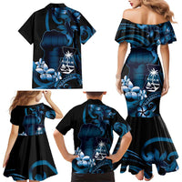 Blue Hafa Adai Guam Family Matching Mermaid Dress and Hawaiian Shirt Chamorro Latte Stone Hand With Plumeria LT14 - Polynesian Pride