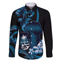 Blue Hafa Adai Guam Family Matching Mermaid Dress and Hawaiian Shirt Chamorro Latte Stone Hand With Plumeria LT14 Dad's Shirt - Long Sleeve Blue - Polynesian Pride