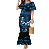 Blue Hafa Adai Guam Family Matching Mermaid Dress and Hawaiian Shirt Chamorro Latte Stone Hand With Plumeria LT14 Mom's Dress Blue - Polynesian Pride
