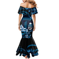 Blue Hafa Adai Guam Family Matching Mermaid Dress and Hawaiian Shirt Chamorro Latte Stone Hand With Plumeria LT14 - Polynesian Pride