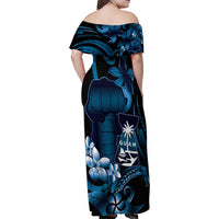 Blue Hafa Adai Guam Family Matching Off Shoulder Maxi Dress and Hawaiian Shirt Chamorro Latte Stone Hand With Plumeria