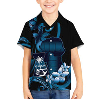 Blue Hafa Adai Guam Family Matching Off Shoulder Maxi Dress and Hawaiian Shirt Chamorro Latte Stone Hand With Plumeria