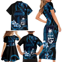 Blue Hafa Adai Guam Family Matching Short Sleeve Bodycon Dress and Hawaiian Shirt Chamorro Latte Stone Hand With Plumeria LT14 - Polynesian Pride