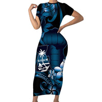 Blue Hafa Adai Guam Family Matching Short Sleeve Bodycon Dress and Hawaiian Shirt Chamorro Latte Stone Hand With Plumeria LT14 Mom's Dress Blue - Polynesian Pride