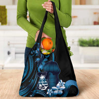 Blue Hafa Adai Guam Grocery Bag Chamorro Latte Stone Hand With Plumeria