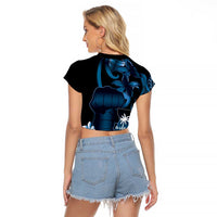 Blue Hafa Adai Guam Raglan Cropped T Shirt Chamorro Latte Stone Hand With Plumeria