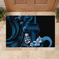 Blue Hafa Adai Guam Rubber Doormat Chamorro Latte Stone Hand With Plumeria