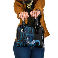 Blue Hafa Adai Guam Shoulder Handbag Chamorro Latte Stone Hand With Plumeria